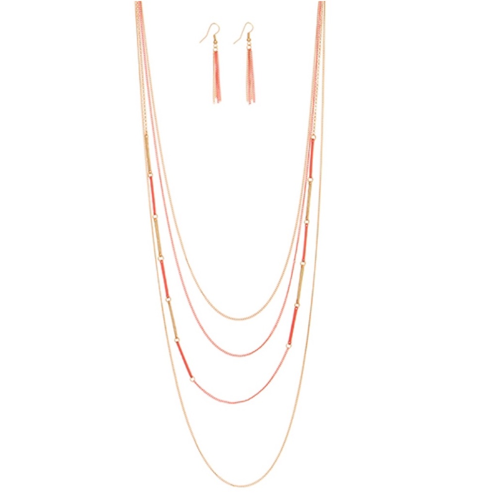 Coral and Gold Tone Layering Necklace Set